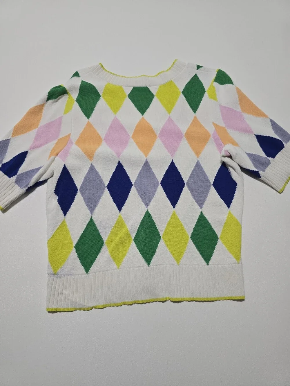 Kate Spade New York Spring Argyle Sweater Short Sleeves V-neck Size L